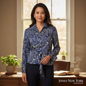 Jones New York Signature Blue & Black Paisley Blouse Pearl Buttons Waist Tie 100